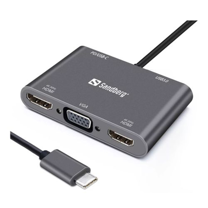 Picture of Sandberg (136-35) USB-C 5-in-1 Docking Station - USB-C (up to 100W), 2 x HDMI, VGA, USB-A, Aluminium, 5 Year Warranty
