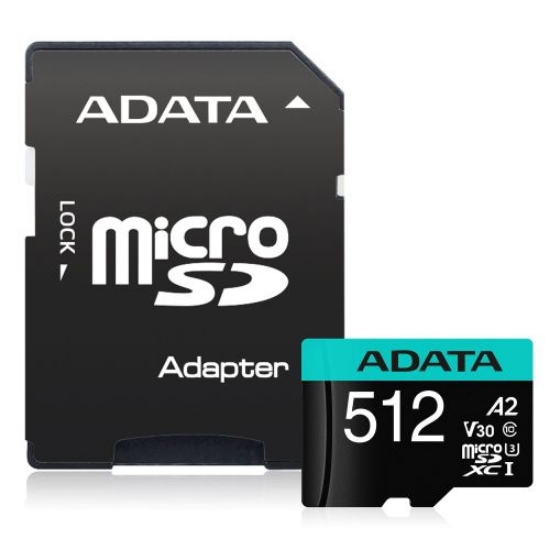 Picture of ADATA Premier Pro 512GB SDXC Card with SD Adapter, UHS-I Class 10 (U3), V30 Video Speed (4K), R/W 100/80 MB/s